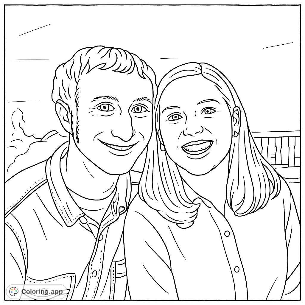 A heartwarming portrait of a smiling couple, perfect for personalizing with your favorite shades. A great couple portrait coloring page.