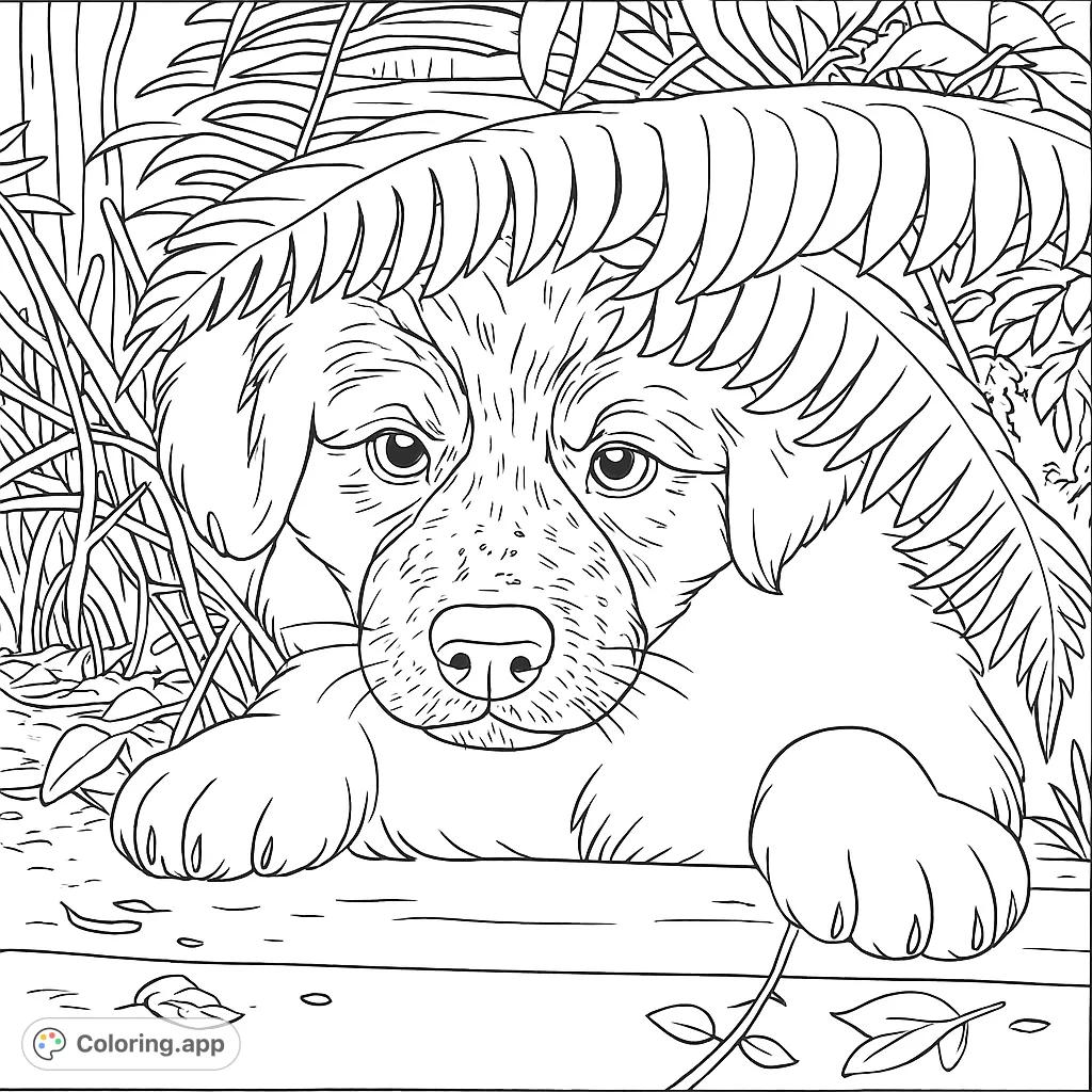 Discover a charming puppy peeking from under large fern leaves. A delightful free printable puppy coloring page for animal lovers of all ages!
