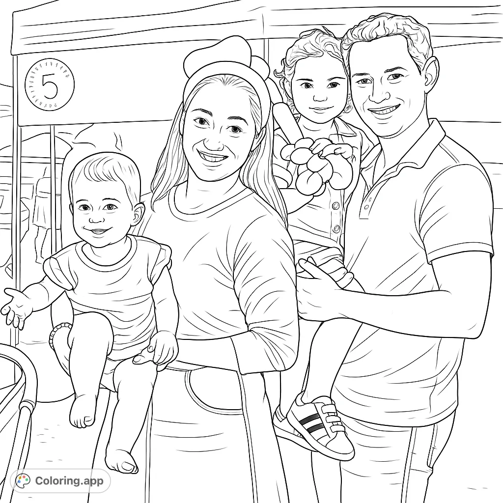 A heartwarming family portrait featuring parents and their two children at an outdoor event, perfect for a happy family coloring page.