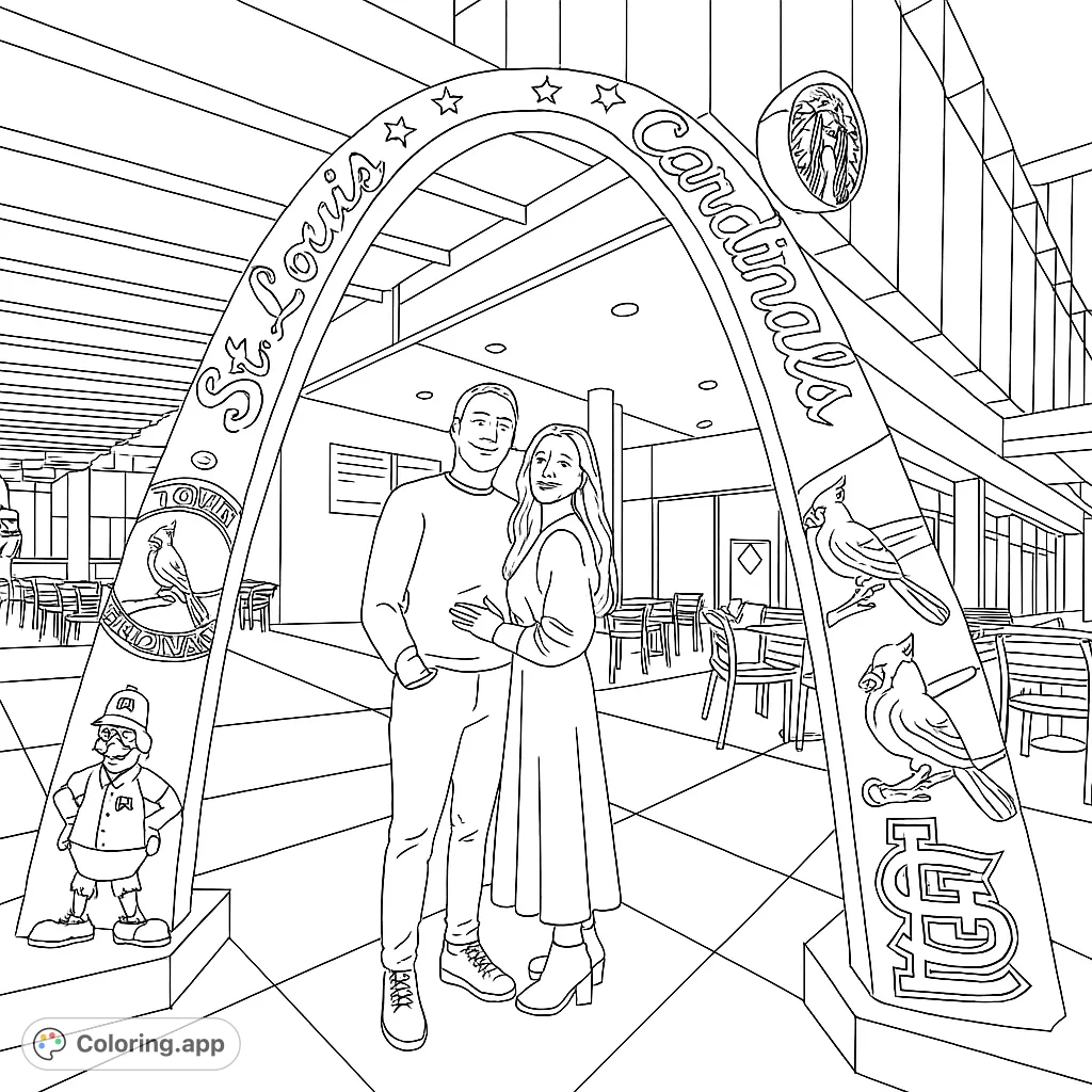 Color a couple embracing under a St. Louis Cardinals archway, featuring team emblems and an urban background. Perfect for sports fans!