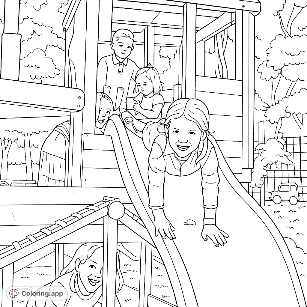 Capture the joy of playtime with children on a vibrant playground structure. A fun, free printable playground coloring page for kids.