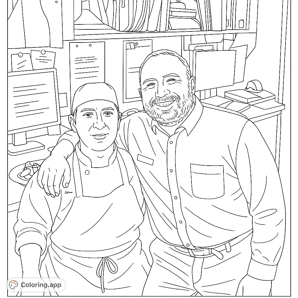 A heartwarming portrait of two culinary colleagues, a chef and a manager, smiling in their professional kitchen or office setting. Perfect for food enthusiasts.