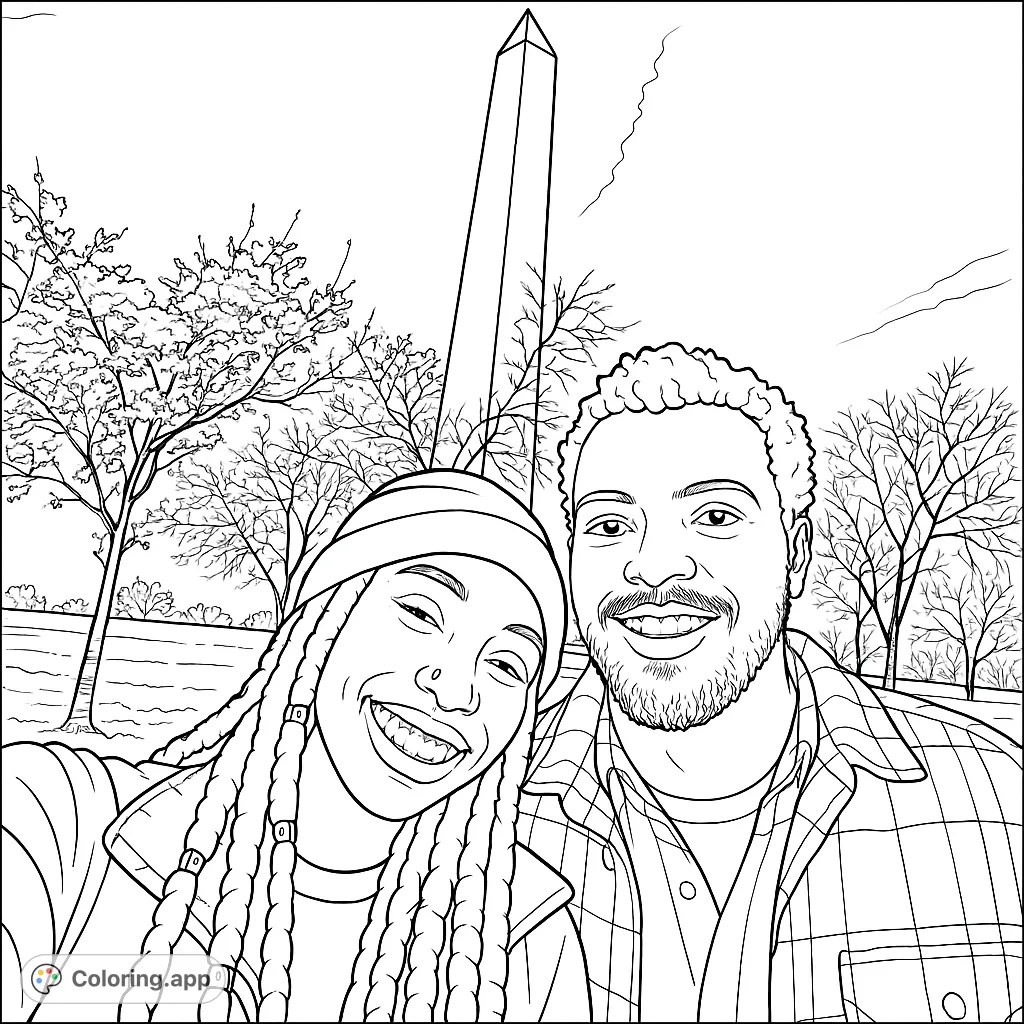 Capture a joyful moment with a couple smiling before a grand monument and blossoming trees. A perfect travel-themed coloring page for all ages.