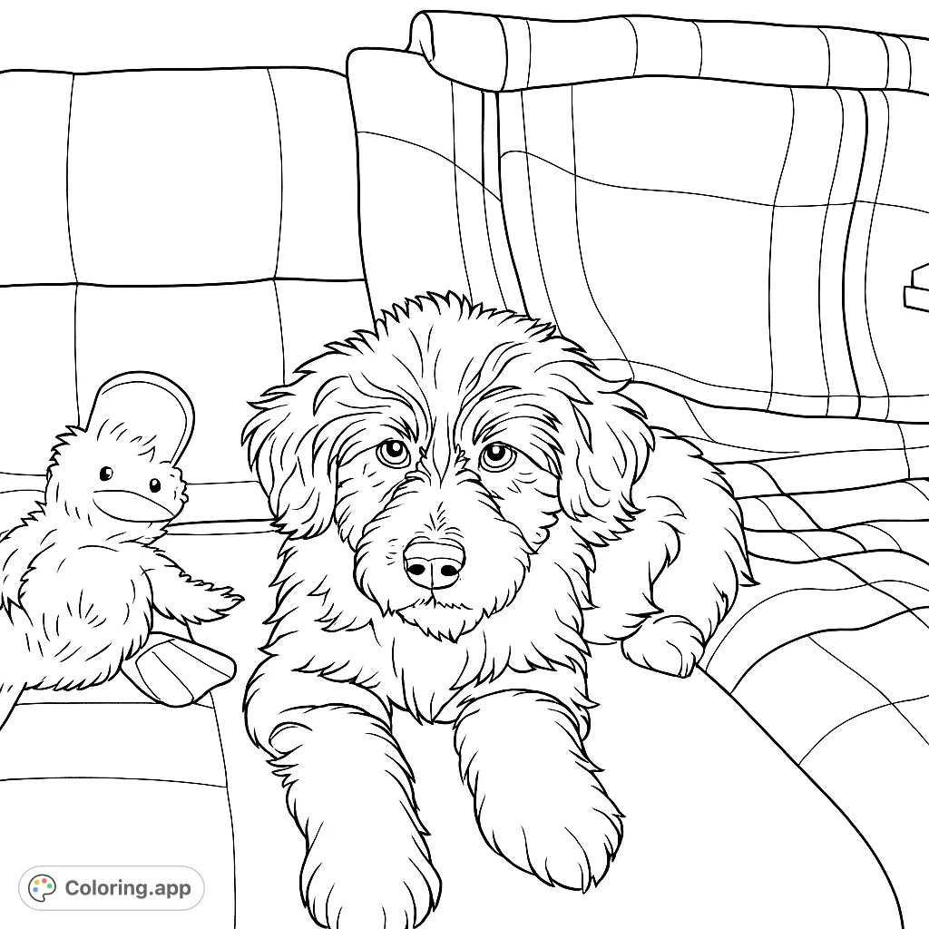 An adorable puppy sits on a cozy sofa with its favorite plush duck toy. This charming puppy coloring page is perfect for animal lovers of all ages.