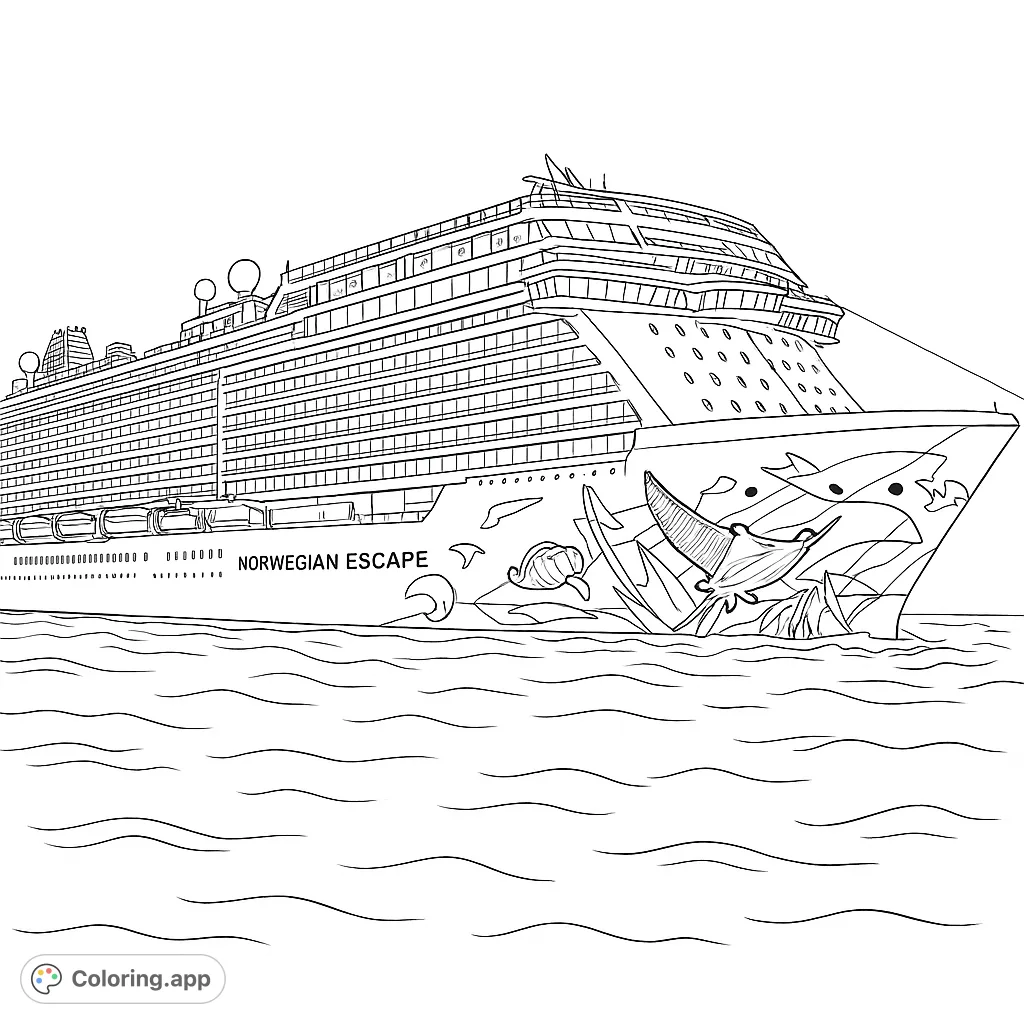 Embark on a grand voyage with this detailed cruise ship coloring page, featuring intricate decks, lifeboats, and unique marine art on its bow.