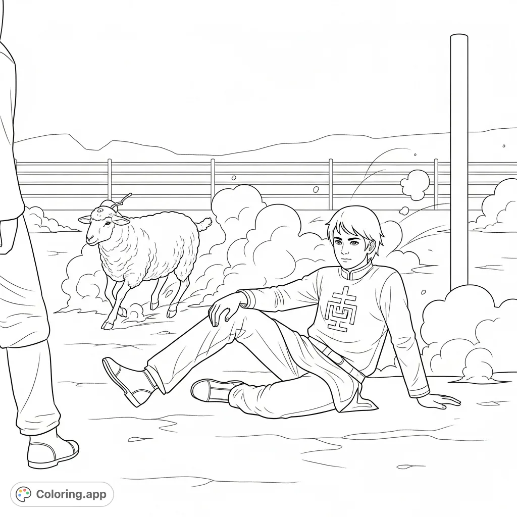 Discover a dynamic arena scene featuring a seated individual, a running sheep, and rising dust plumes. A simple, engaging coloring page for all ages.