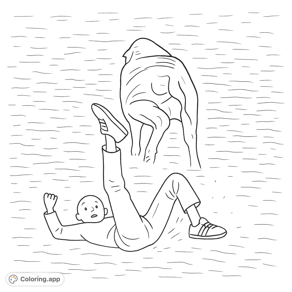 Experience the dynamic scene of a person falling on dusty ground near a large animal. A unique and engaging free printable coloring page for adults.