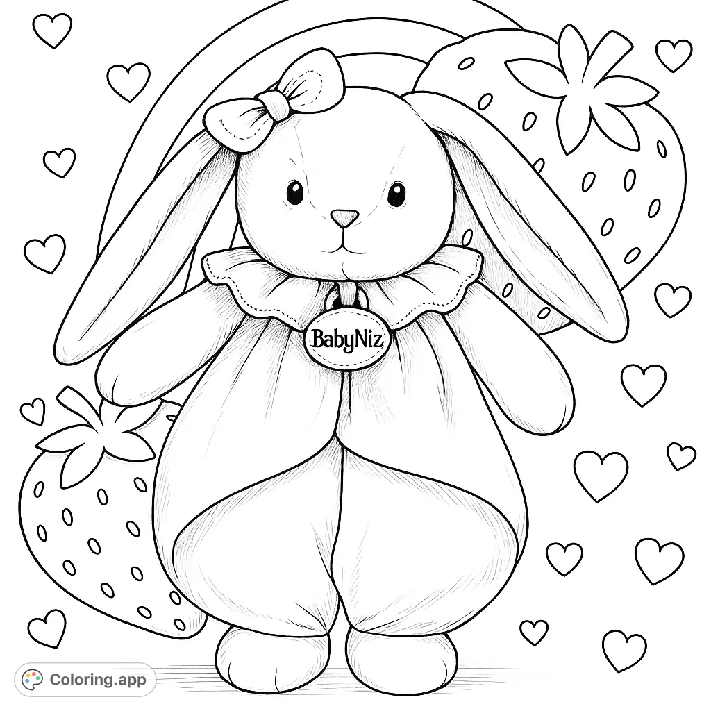 A charming plush bunny coloring page, perfect for all ages. Features a detailed bunny with a bow, ruffled collar, and a stylized fruit background, enhanced with heart patterns and a rainbow backdrop.