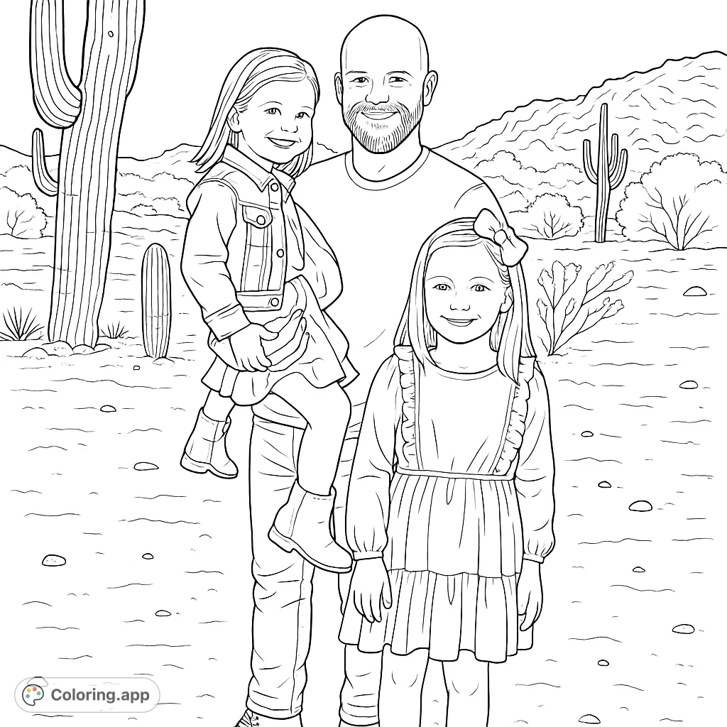A heartwarming family desert scene featuring a father and his two daughters, surrounded by iconic cacti and rugged mountains. Perfect for all ages.