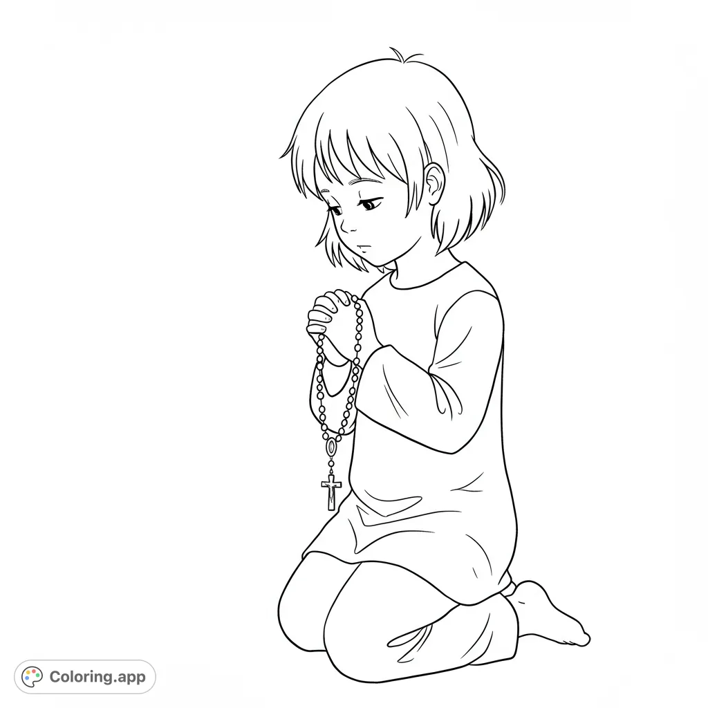 A serene image of a child praying with a holy rosary, perfect for quiet reflection and spiritual growth. A free printable coloring page.