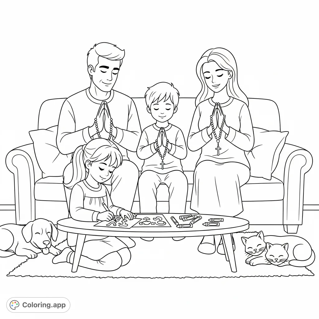 A heartwarming family prayer scene featuring parents, children, and pets, perfect for quiet reflection and creative expression.