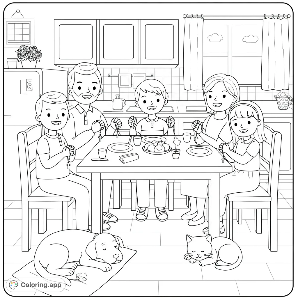 A heartwarming family prayer coloring page featuring a family of four praying the rosary in their kitchen, with pets nearby. A free printable coloring page for kids.