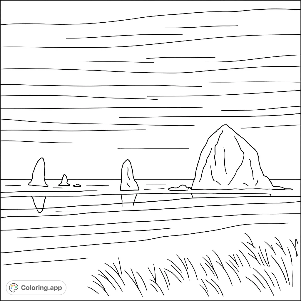 Explore a serene coastal landscape featuring majestic sea stacks, a vast beach, and reflective waters. A perfect nature coloring page for relaxation.