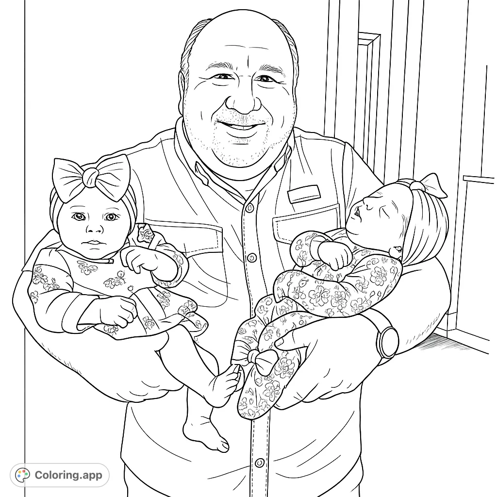 A heartwarming scene of a man holding two adorable babies, perfect for family-themed coloring. Features intricate details on clothing and expressions.