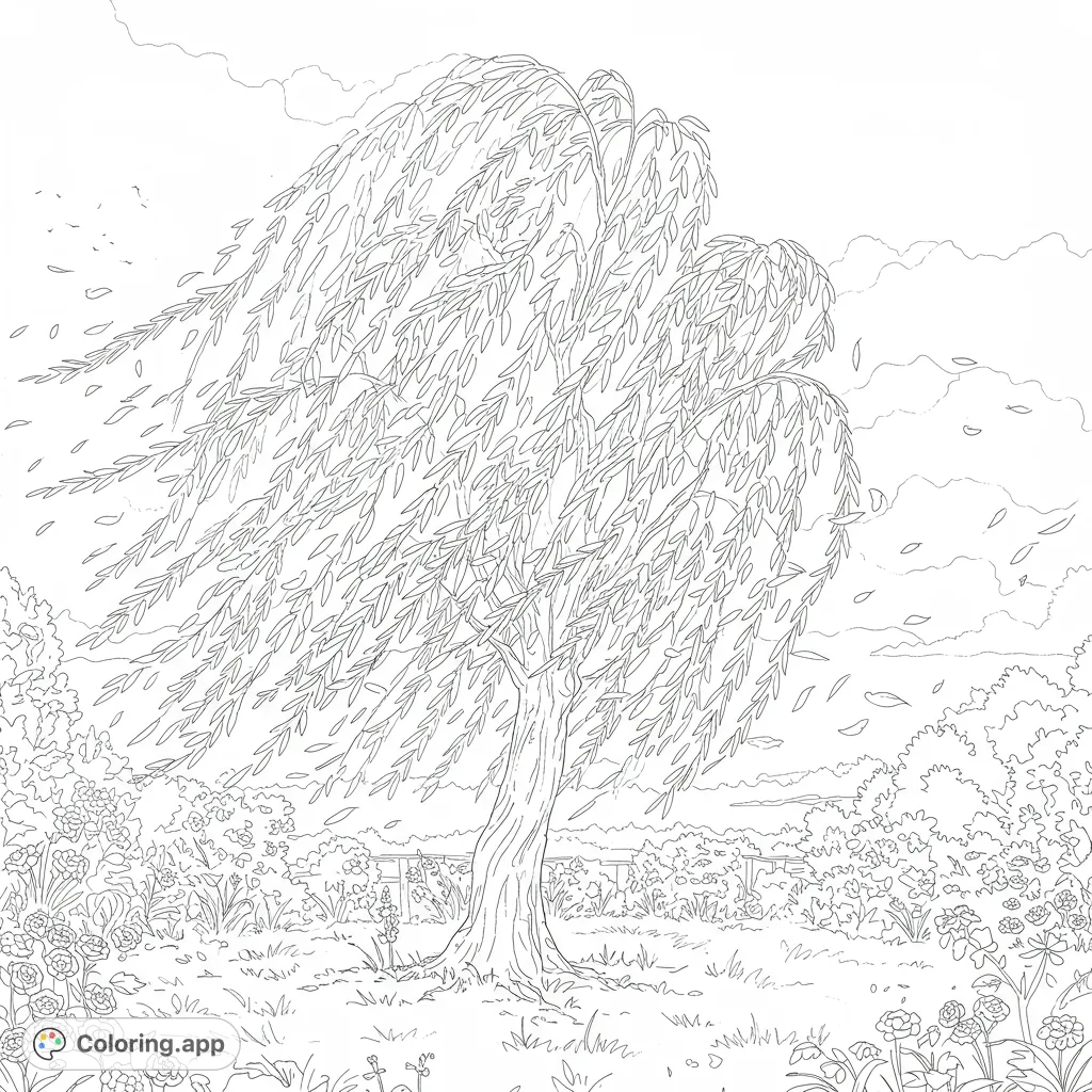 Experience the serene beauty of a willow tree swaying gracefully in a gentle garden breeze. A free printable nature coloring page for all ages.