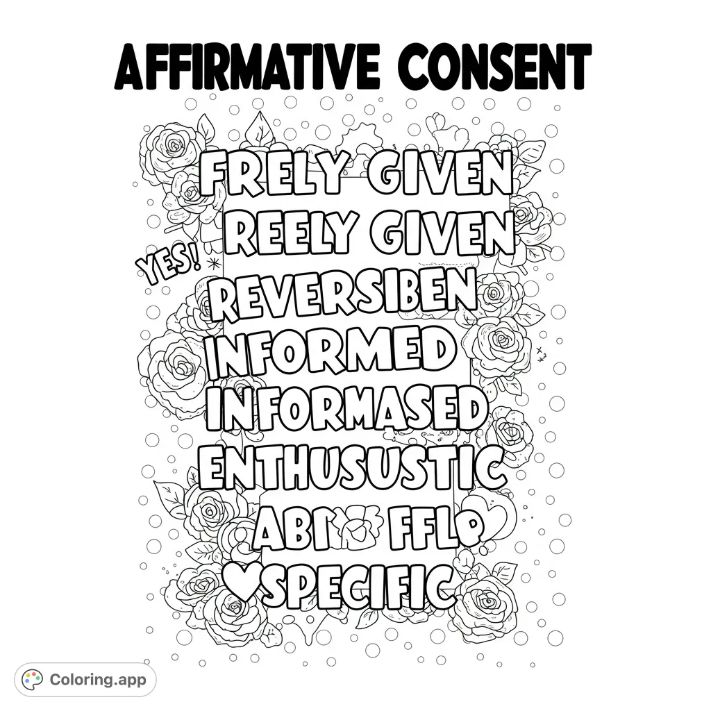 Explore the meaning of affirmative consent with this unique coloring page featuring bold typography and empowering words like "FREELY GIVEN" and "YES!".