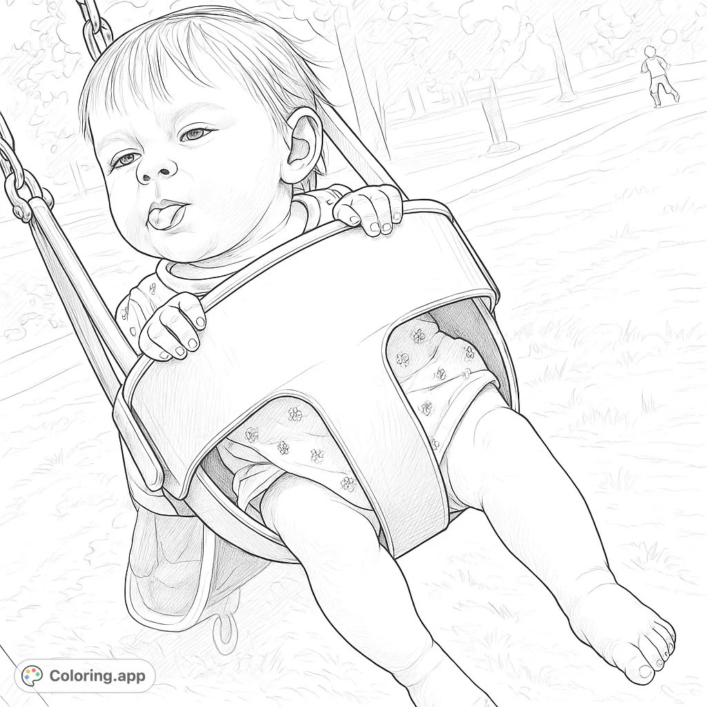 A delightful coloring page featuring a playful baby enjoying a swing ride at the park, perfect for capturing joyful moments and creative expression.