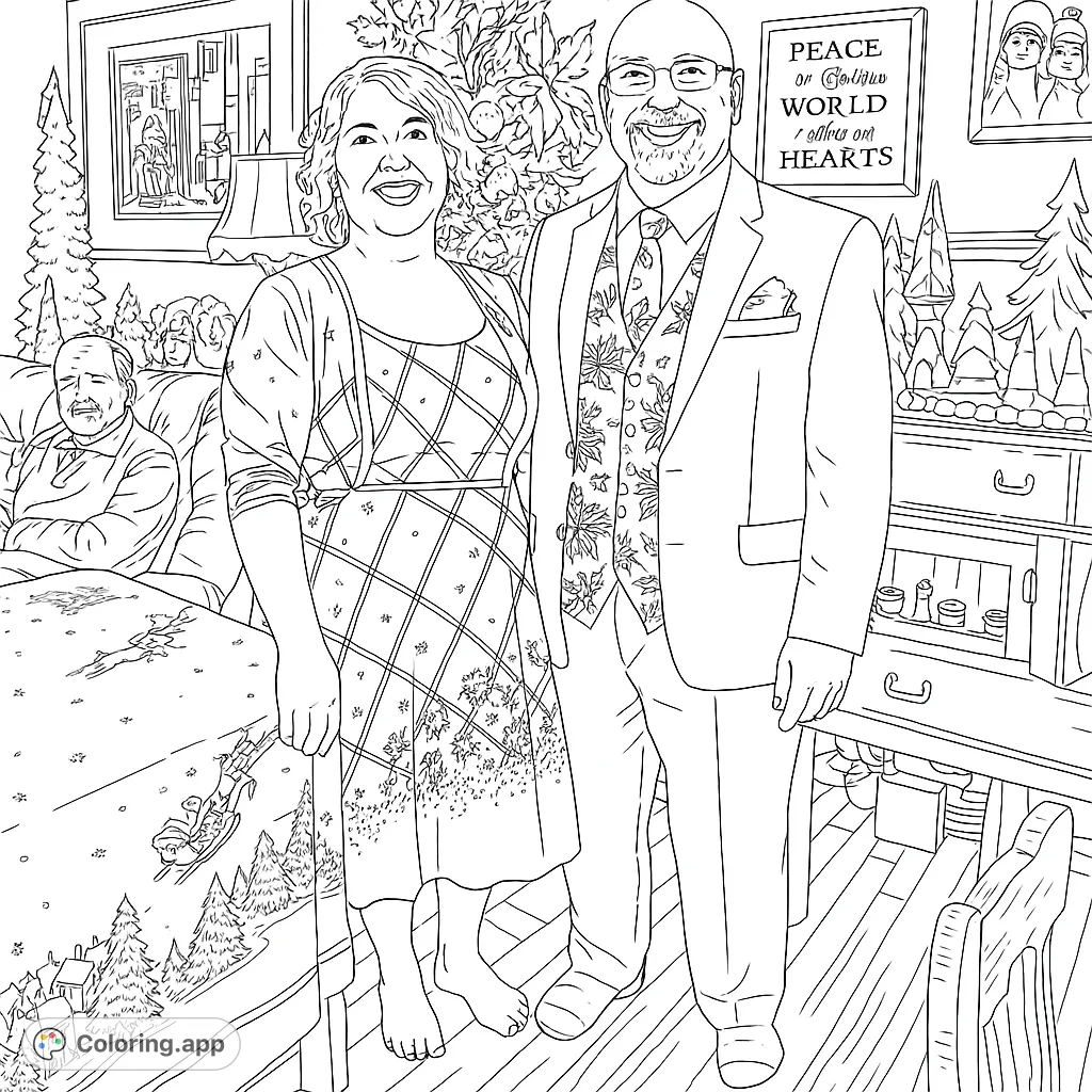 A joyful holiday scene featuring two smiling individuals amidst festive decorations, perfect for a cozy coloring experience.