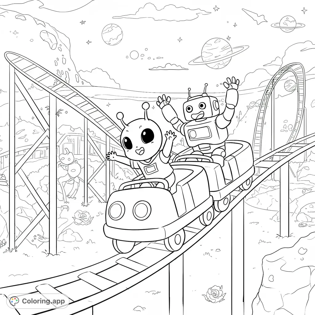 Join a cute cartoon alien and a friendly robot on an exhilarating rollercoaster ride! A fun, free printable coloring page for kids and adults.