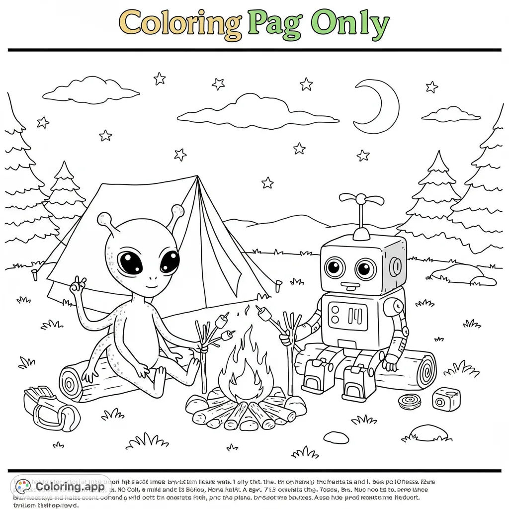 Join a friendly cartoon alien and robot on their cozy camping adventure under a starry sky. A fun, imaginative coloring page for all ages.