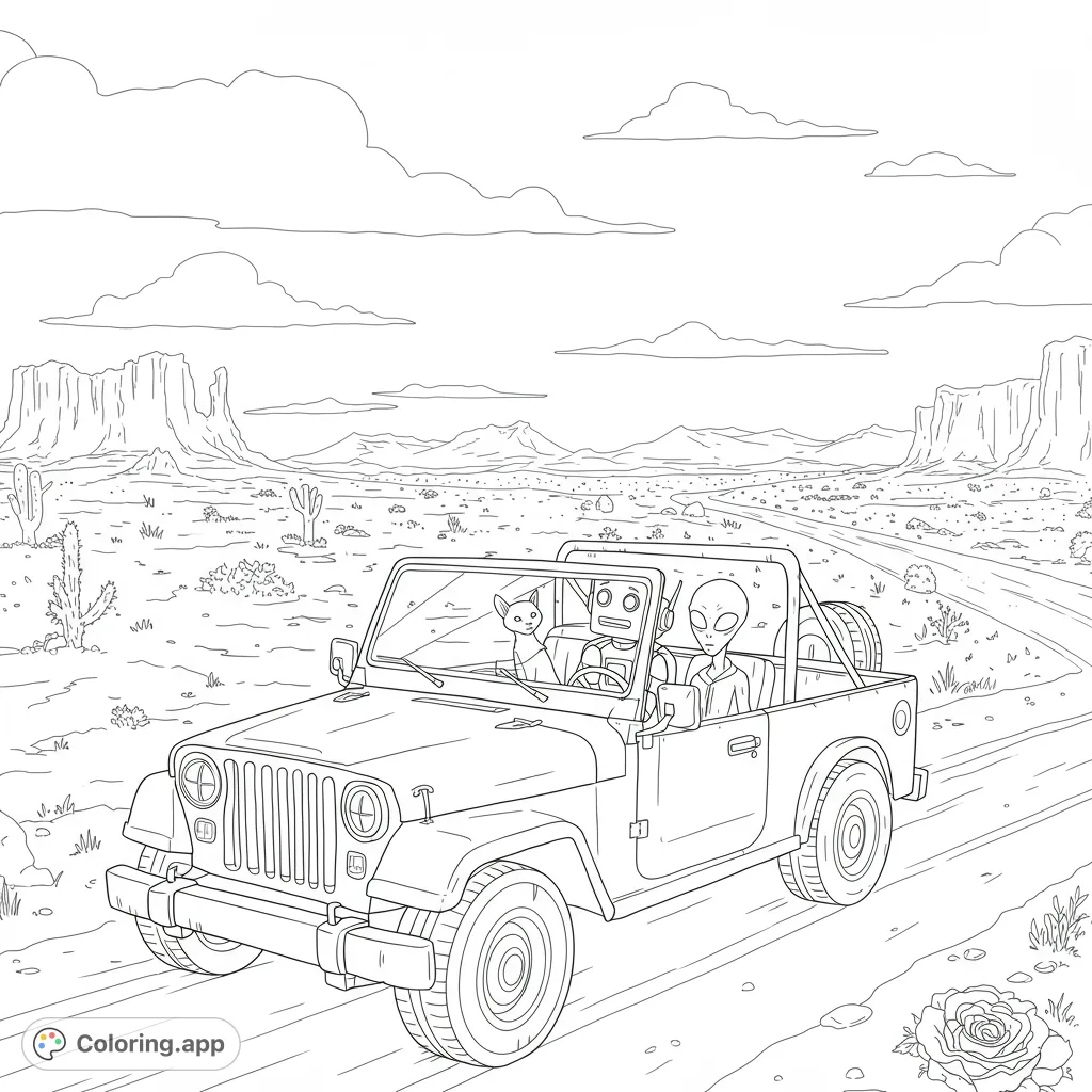 Join a robot, alien, and cat on an epic road trip in their jeep, exploring a vast, open landscape. A fun, free printable adventure!