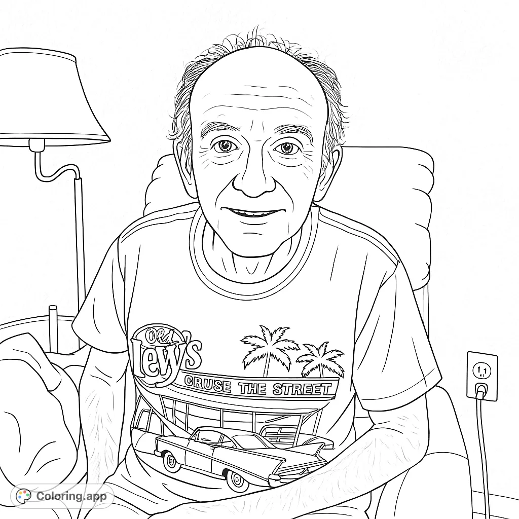 A detailed portrait of an older man seated, wearing a graphic t-shirt, perfect for a thoughtful and intricate coloring experience.