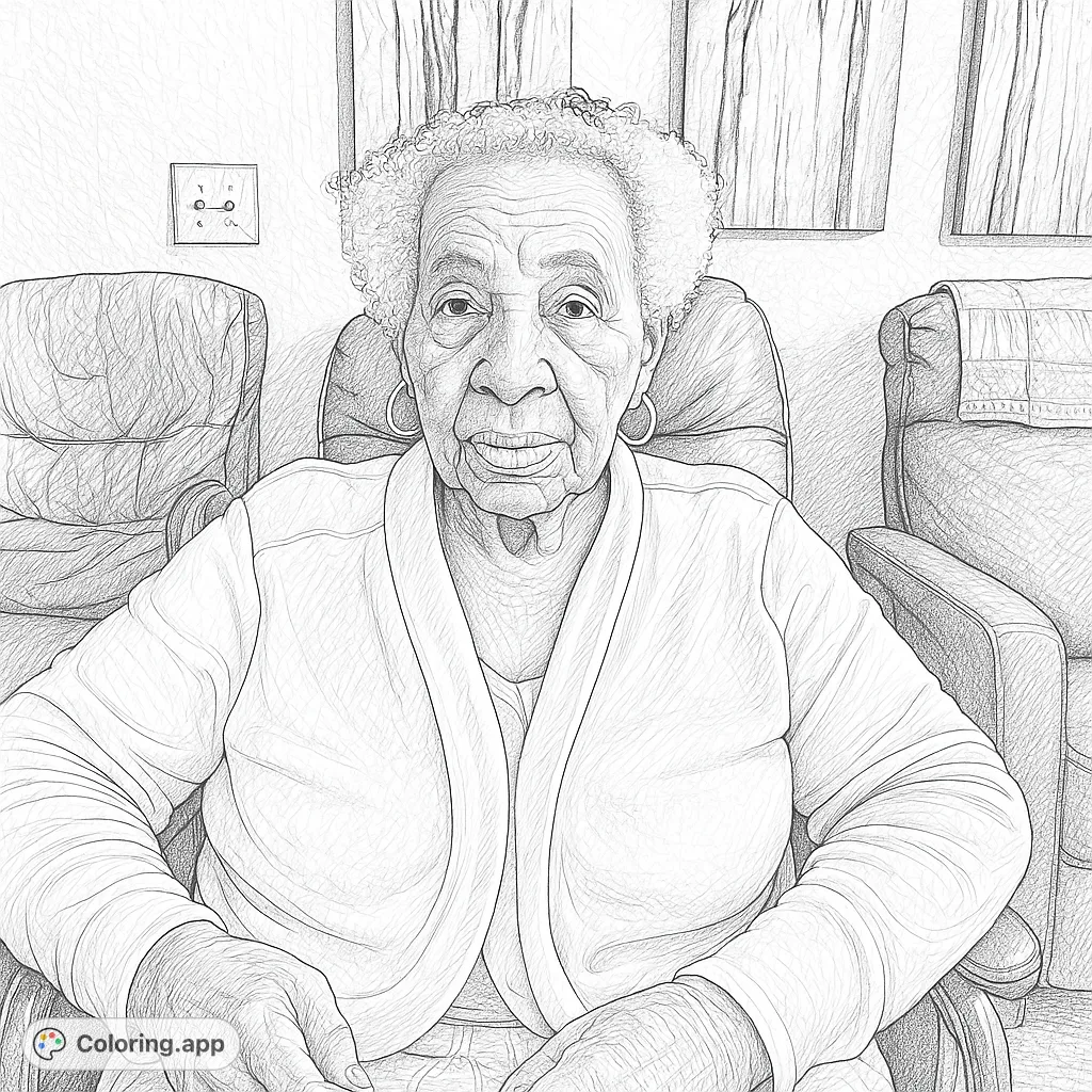 A detailed portrait of an elderly woman, perfect for a thoughtful coloring experience. Explore intricate facial features, clothing textures, and a cozy background.