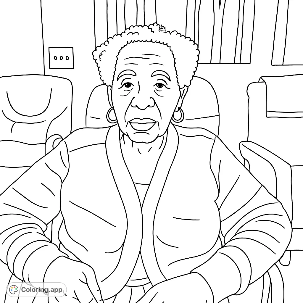 A heartwarming portrait of an elderly woman, perfect for a simple coloring experience. Capture her gentle expression and the cozy indoor setting.