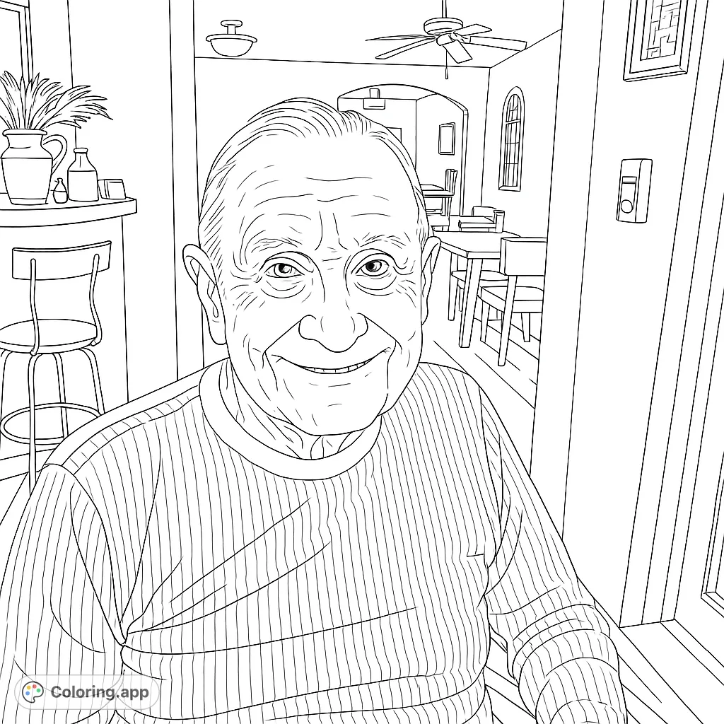 A heartwarming portrait of a smiling elder, perfect for a free printable portrait coloring page. Capture the warmth and wisdom in this detailed scene.