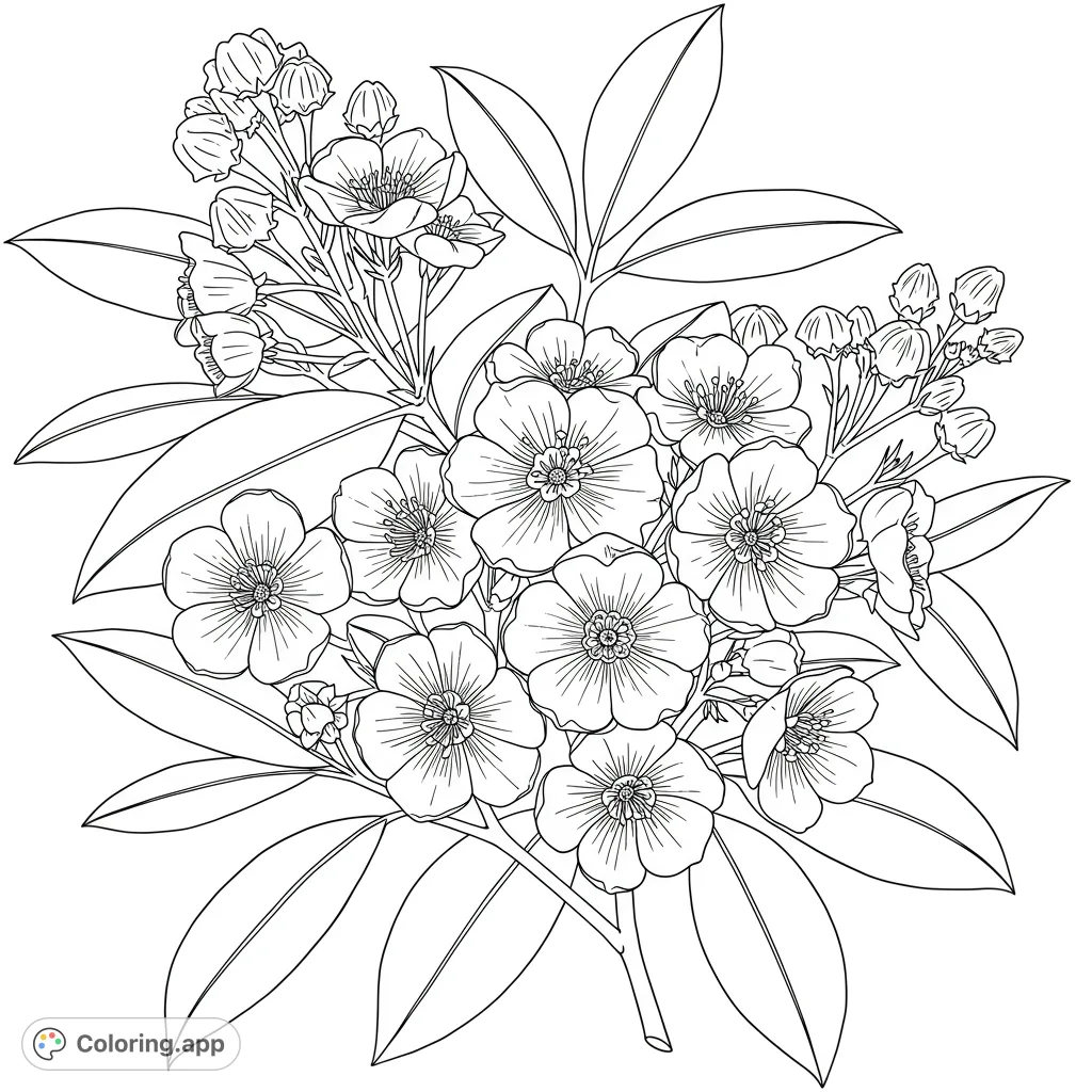 A detailed Kalmia latifolia (Mountain Laurel) coloring page featuring intricate bell-shaped flowers and glossy oval leaves, perfect for nature lovers.