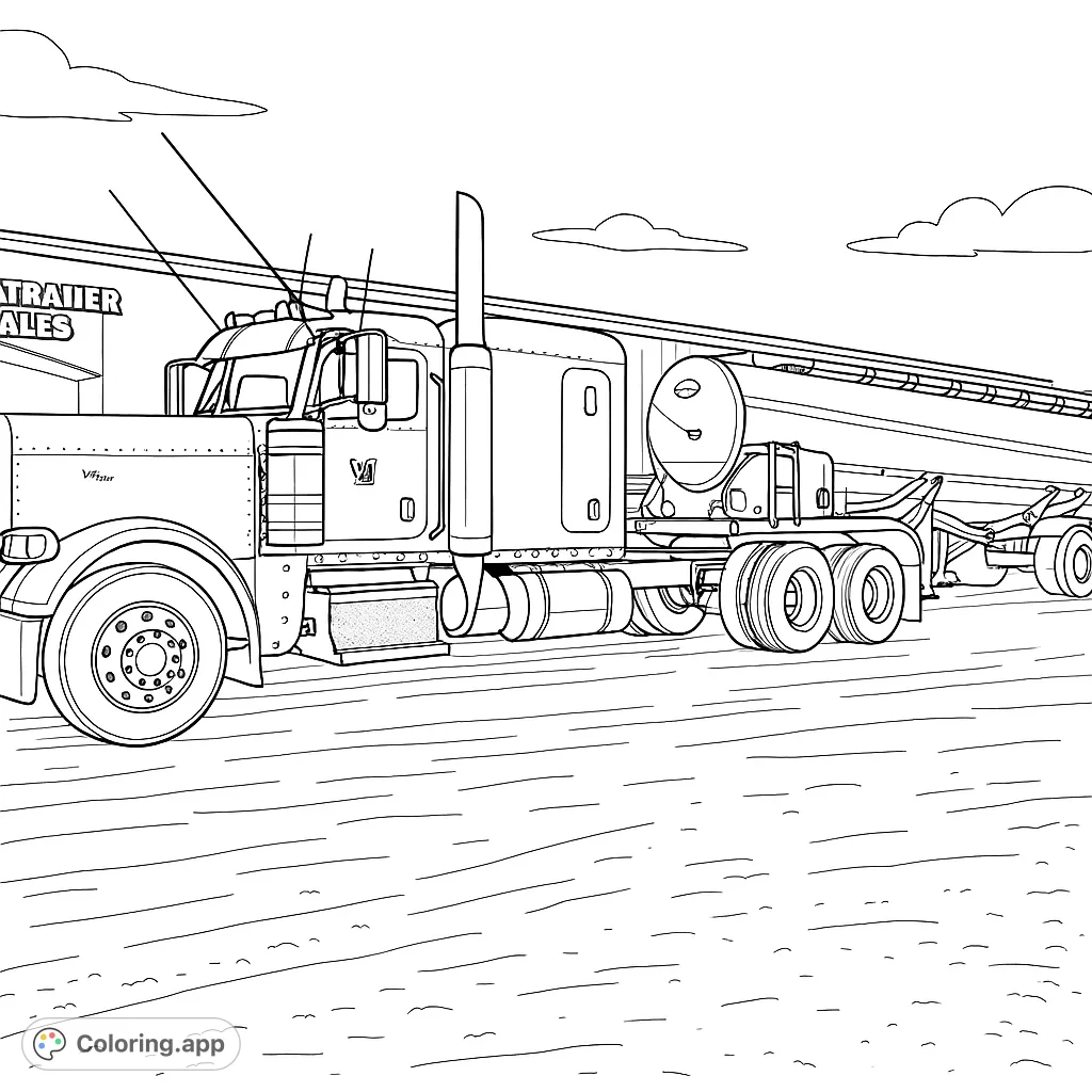 Detailed semi-truck and tanker trailer with numerous lights, parked in front of a building. Perfect for vehicle enthusiasts and detailed coloring.