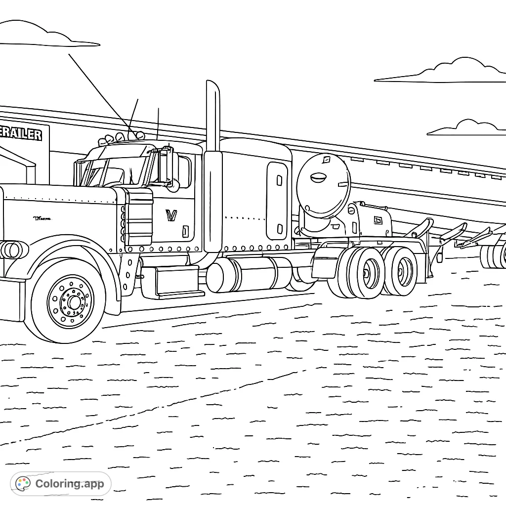 Color a detailed semi-truck and tanker trailer, featuring numerous lights and chrome accents, set against an industrial building. Perfect for vehicle enthusiasts.