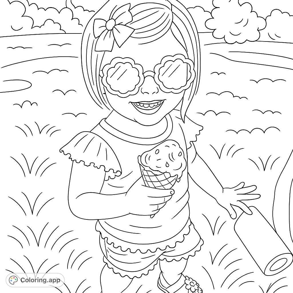 Adorable toddler enjoying an ice cream cone outdoors, wearing fun flower sunglasses and a bow. A sweet summer scene for coloring.