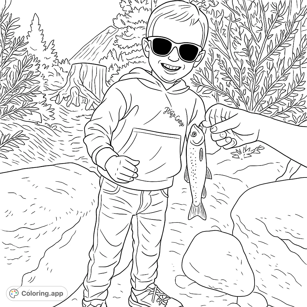 A joyful boy proudly displays his first fish catch in a scenic outdoor setting, perfect for a fun fishing adventure coloring page.
