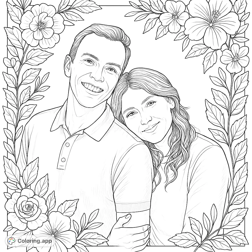 A heartwarming realistic portrait of a smiling couple, perfect for personalizing with intricate details and decorative floral borders. Free printable coloring page.