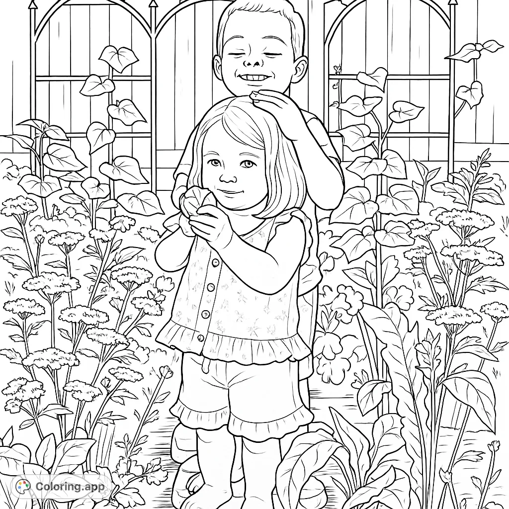 Two happy children explore a vibrant garden, with one holding a fresh harvest. A delightful scene for a garden-themed coloring page.