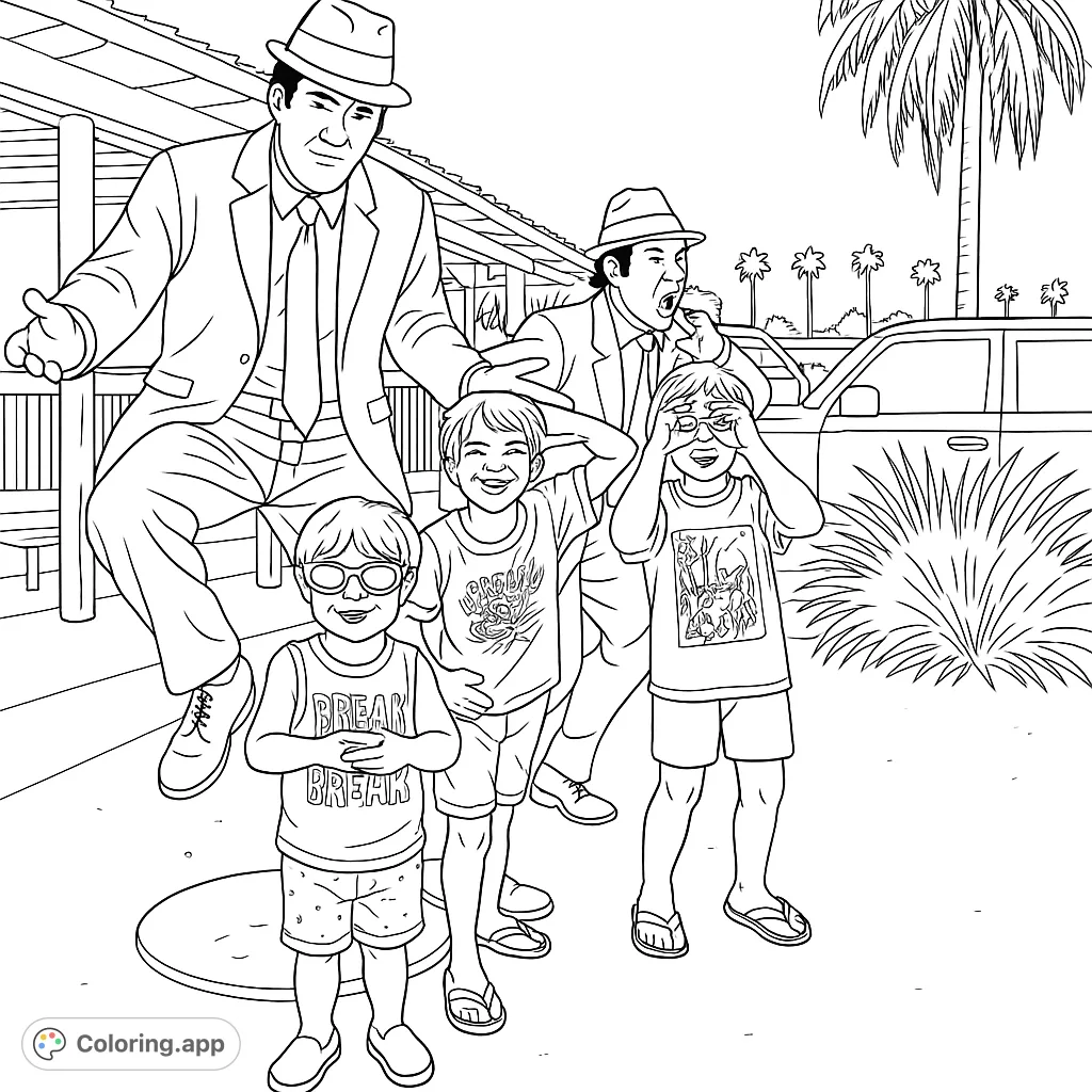 Three boys pose playfully with two large musical statues, set against a tropical backdrop, perfect for a fun and engaging coloring adventure.