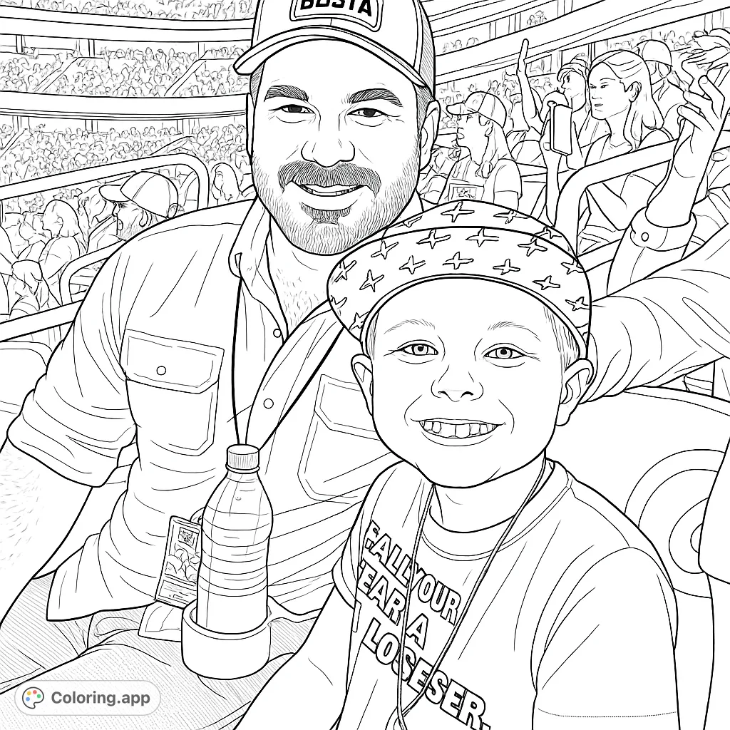 Capture a heartwarming stadium moment with a father and son. Perfect for family bonding and creating lasting memories.
