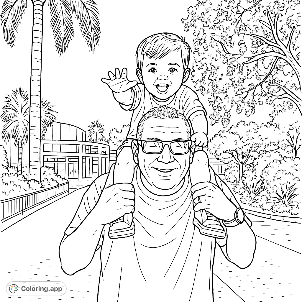 A heartwarming scene of a father giving his child a shoulder ride, capturing a joyful family moment outdoors. Perfect for a happy coloring experience.