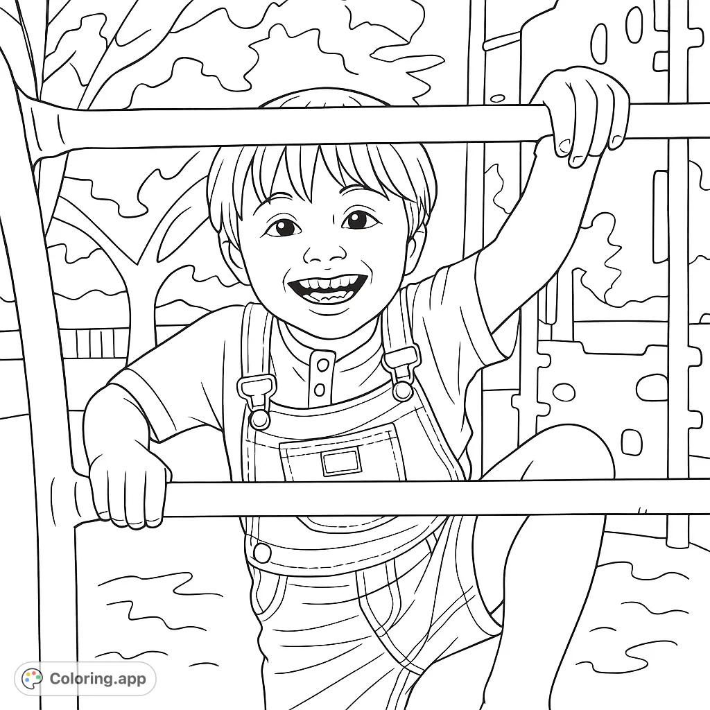 A joyful child smiles while climbing on playground bars, perfect for a fun and engaging coloring activity for all ages.