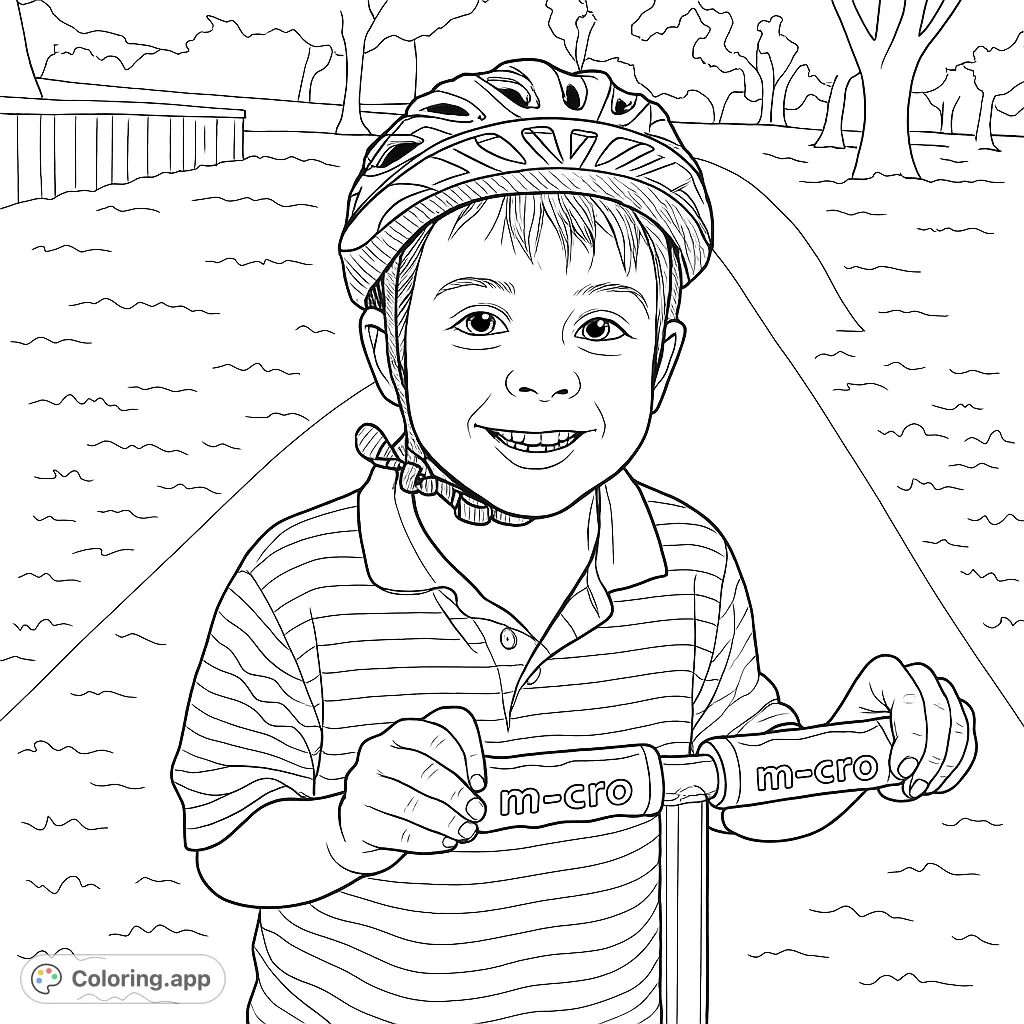 A cheerful child in a helmet, ready for adventure on a scooter. This delightful coloring page captures youthful joy and outdoor fun, perfect for young artists.