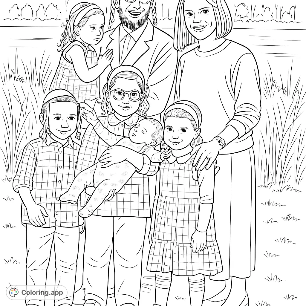 A heartwarming family portrait featuring seven members, including a baby, set against a serene outdoor backdrop. Perfect for a personalized family coloring page.