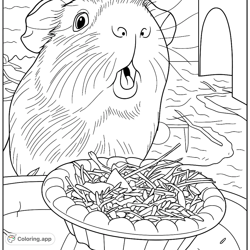 A cute guinea pig with a surprised expression, ready to enjoy a delicious bowl of treats. Perfect for animal lovers!