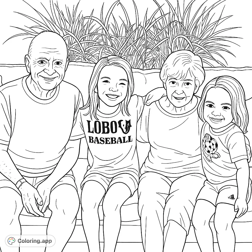 Capture heartwarming family moments with this intergenerational portrait coloring page. Features grandparents and grandchildren smiling on a couch, perfect for all ages.