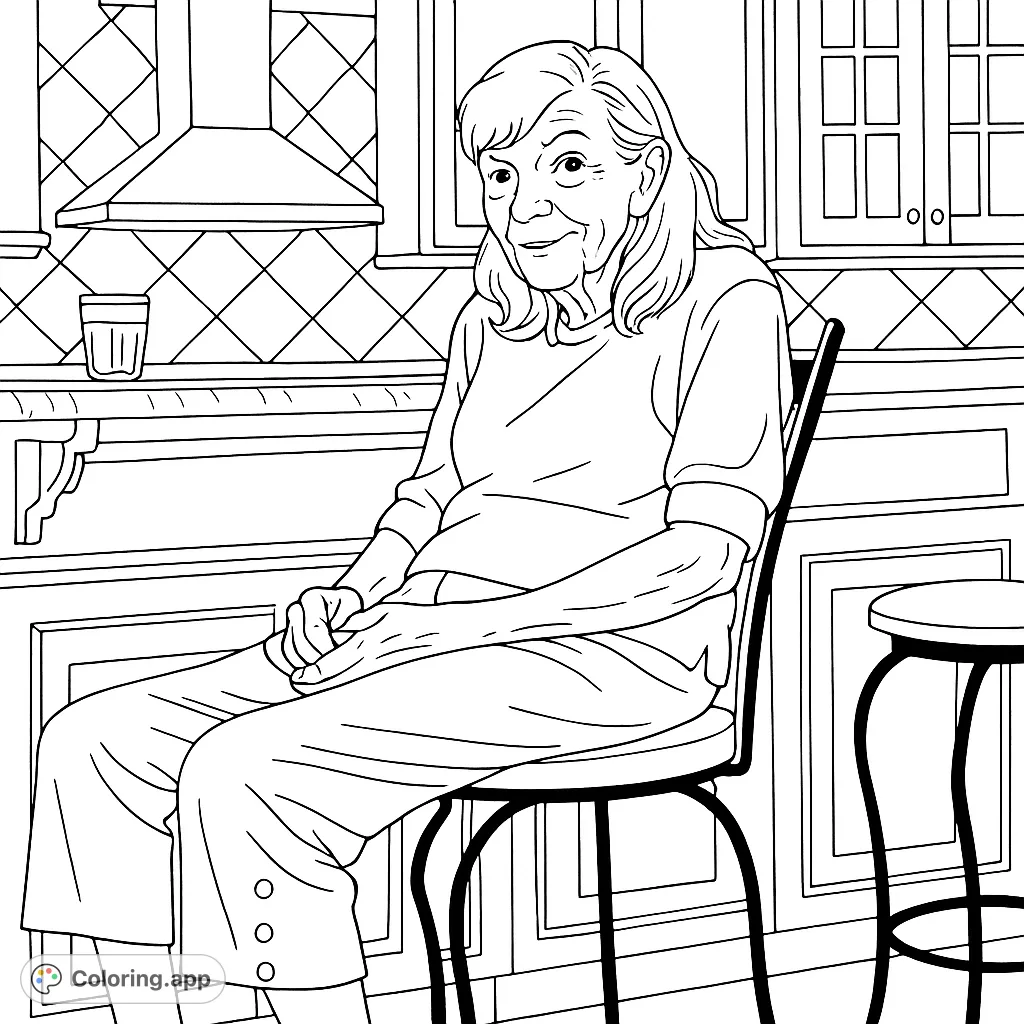 A heartwarming coloring page featuring an elderly woman seated in a cozy kitchen, perfect for a relaxing creative session. Capture a moment of quiet reflection.