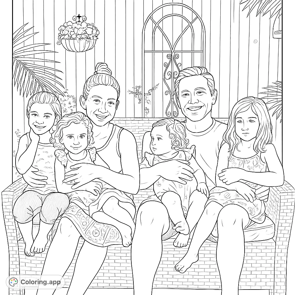 A heartwarming family portrait featuring six smiling members on an outdoor bench, perfect for a free printable family coloring page.