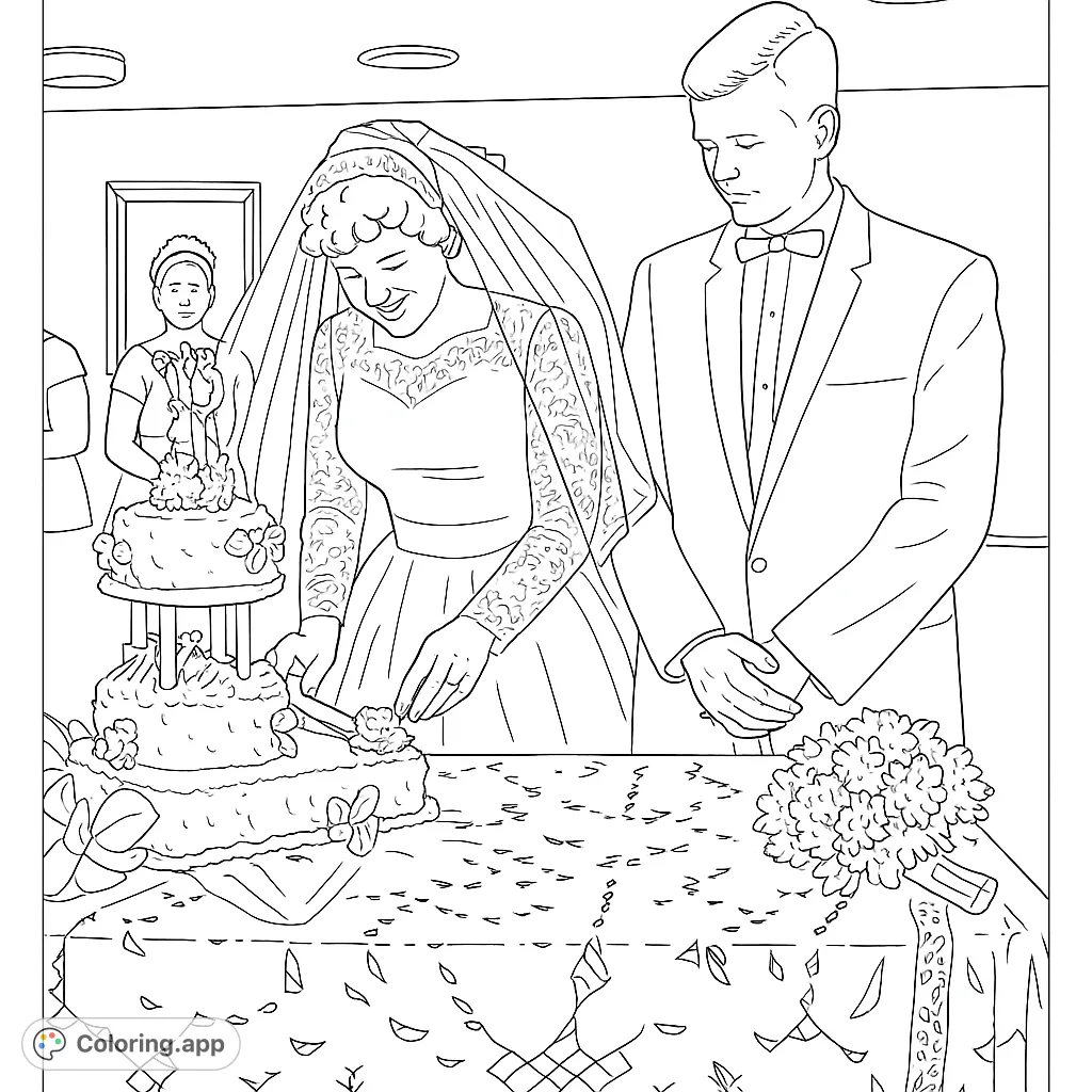 Celebrate love with this vintage wedding coloring page featuring a couple cutting their multi-tiered cake, perfect for romantic coloring.