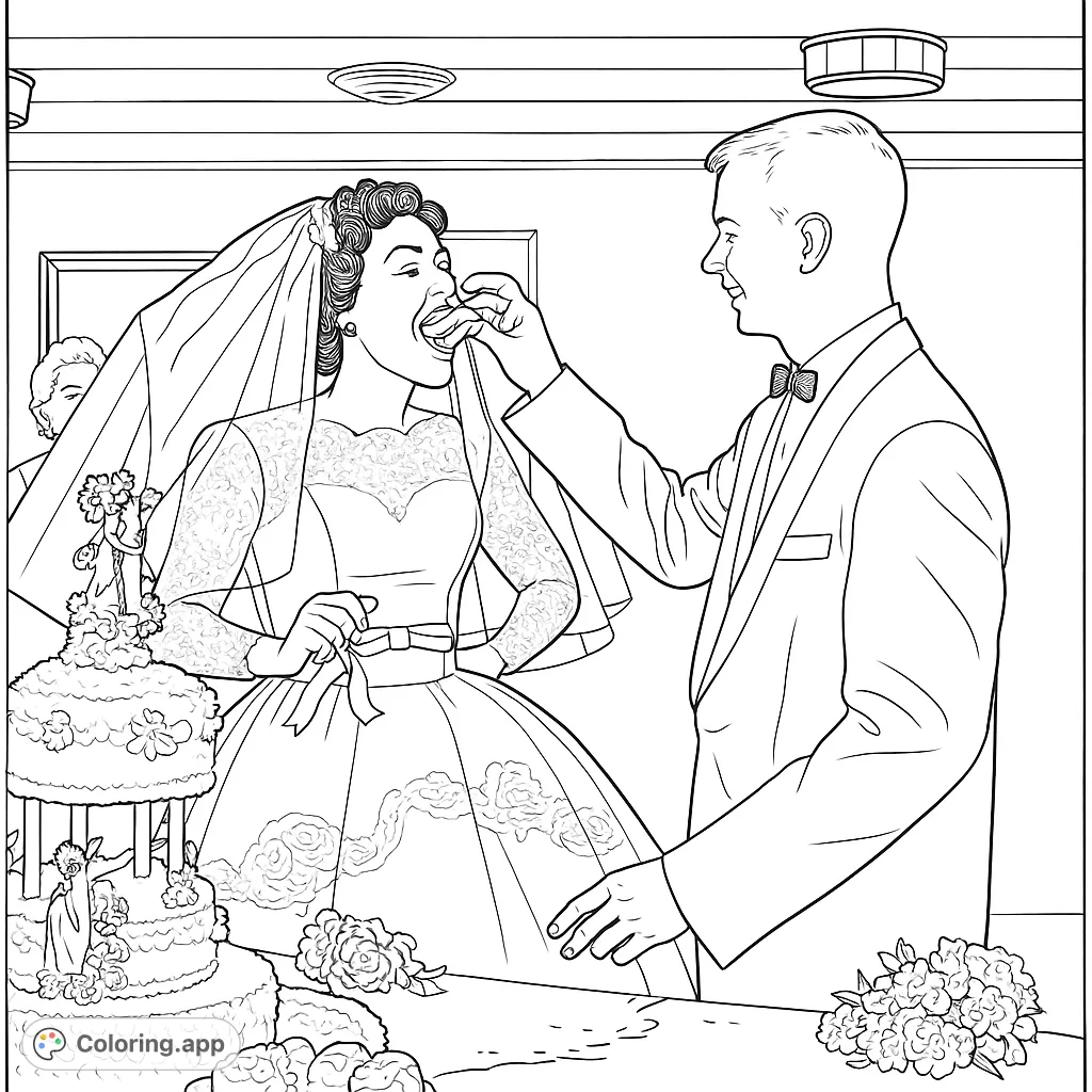Capture a sweet wedding moment! A happy couple shares cake, surrounded by elegant details. Perfect for celebrating love and new beginnings.