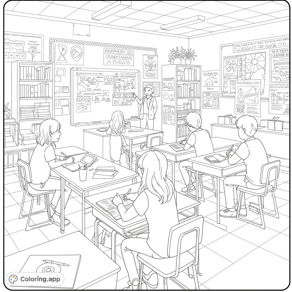 Immerse yourself in a detailed high school English classroom scene, featuring a teacher, students, and classic academic elements ready for your creative touch.