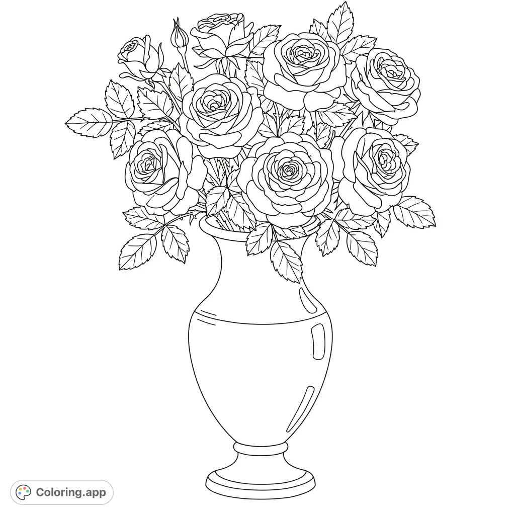 Discover a beautiful bouquet of roses in an elegant vase, perfect for a relaxing coloring experience. Add your personal touch to this timeless floral scene.